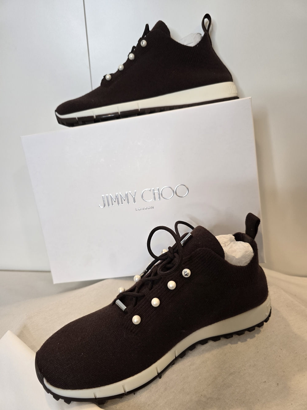 Jimmy Choo Brown Knit Sneakers with Pearl Accents